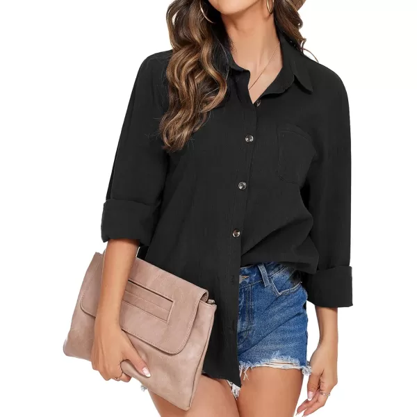 imageHOTOUCH Womens Cotton Button Down Shirt Casual Long Sleeve Loose Fit Collared Linen Work Blouse Tops with PocketBlack