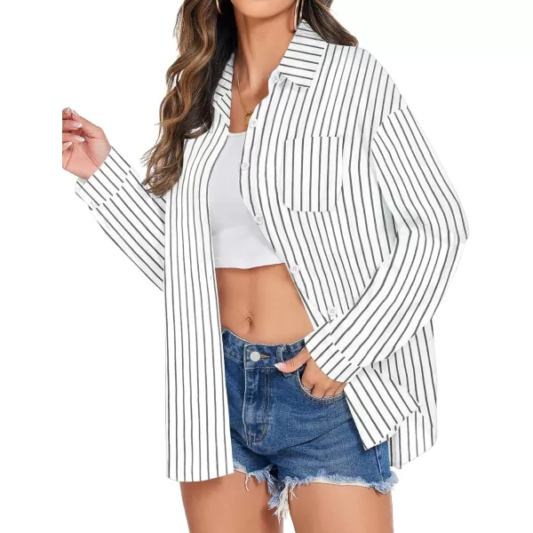 imageHOTOUCH Womens Cotton Button Down Shirt Casual Long Sleeve Loose Fit Collared Linen Work Blouse Tops with PocketBlack Stripe