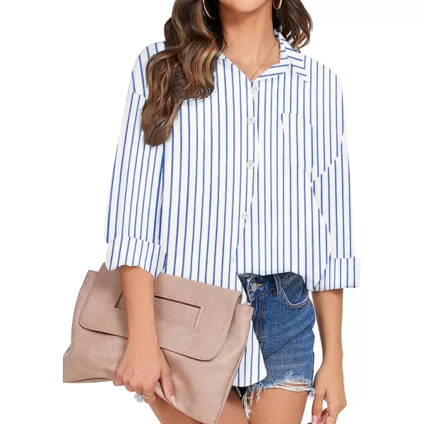 imageHOTOUCH Womens Cotton Button Down Shirt Casual Long Sleeve Loose Fit Collared Linen Work Blouse Tops with PocketBlue Stripe