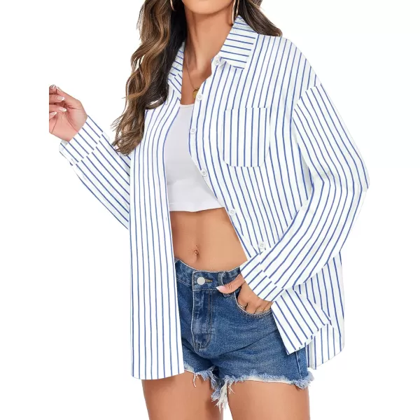 imageHOTOUCH Womens Cotton Button Down Shirt Casual Long Sleeve Loose Fit Collared Linen Work Blouse Tops with PocketBlue Stripe