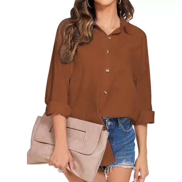 imageHOTOUCH Womens Cotton Button Down Shirt Casual Long Sleeve Loose Fit Collared Linen Work Blouse Tops with PocketBrown
