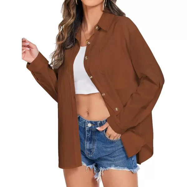 imageHOTOUCH Womens Cotton Button Down Shirt Casual Long Sleeve Loose Fit Collared Linen Work Blouse Tops with PocketBrown