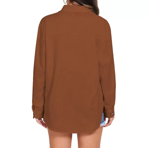imageHOTOUCH Womens Cotton Button Down Shirt Casual Long Sleeve Loose Fit Collared Linen Work Blouse Tops with PocketBrown