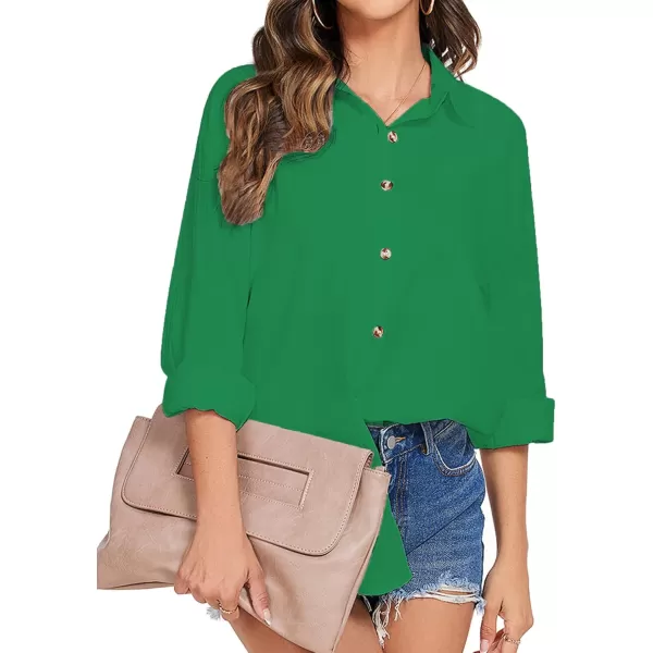 imageHOTOUCH Womens Cotton Button Down Shirt Casual Long Sleeve Loose Fit Collared Linen Work Blouse Tops with PocketDark Green