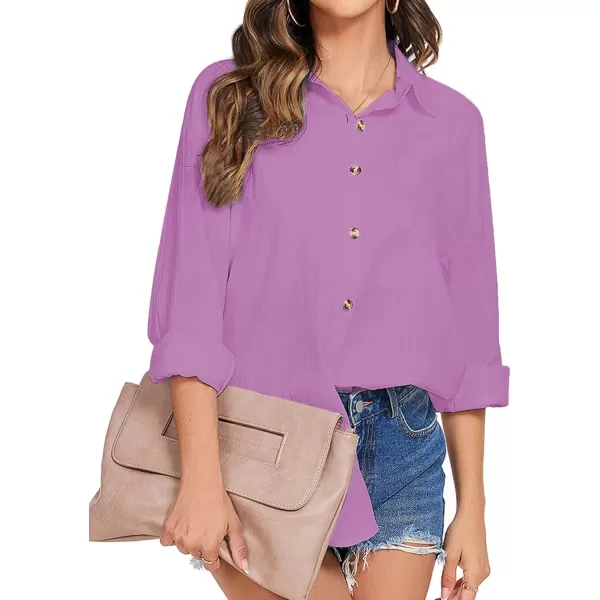 imageHOTOUCH Womens Cotton Button Down Shirt Casual Long Sleeve Loose Fit Collared Linen Work Blouse Tops with PocketDark Lavender