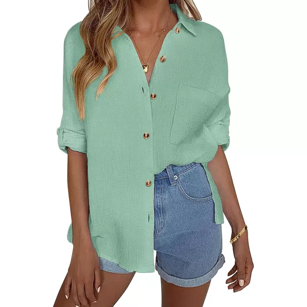 imageHOTOUCH Womens Cotton Button Down Shirt Casual Long Sleeve Loose Fit Collared Linen Work Blouse Tops with PocketGreen