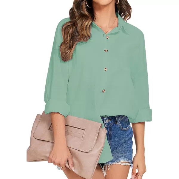 imageHOTOUCH Womens Cotton Button Down Shirt Casual Long Sleeve Loose Fit Collared Linen Work Blouse Tops with PocketGreen