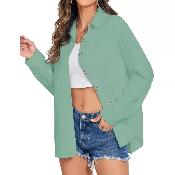 imageHOTOUCH Womens Cotton Button Down Shirt Casual Long Sleeve Loose Fit Collared Linen Work Blouse Tops with PocketGreen