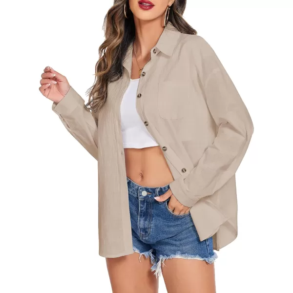 imageHOTOUCH Womens Cotton Button Down Shirt Casual Long Sleeve Loose Fit Collared Linen Work Blouse Tops with PocketKhaki