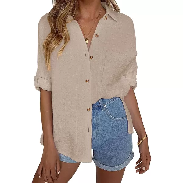 imageHOTOUCH Womens Cotton Button Down Shirt Casual Long Sleeve Loose Fit Collared Linen Work Blouse Tops with PocketKhaki