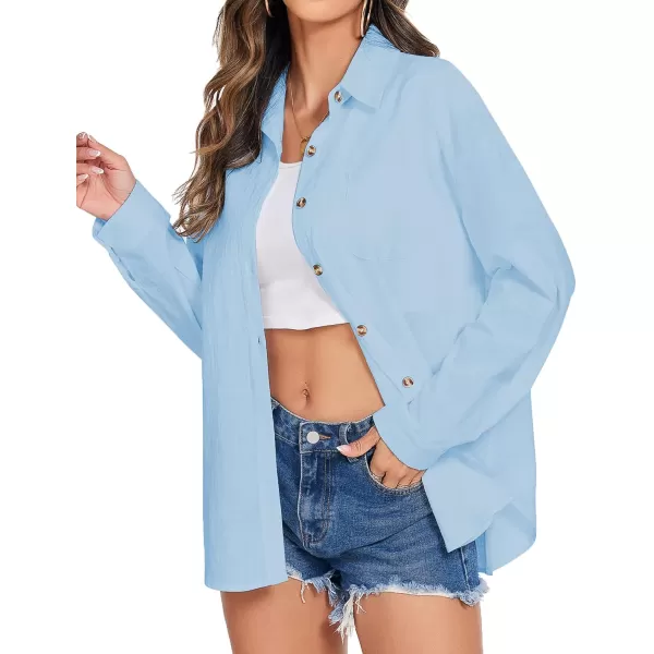 imageHOTOUCH Womens Cotton Button Down Shirt Casual Long Sleeve Loose Fit Collared Linen Work Blouse Tops with PocketLight Blue