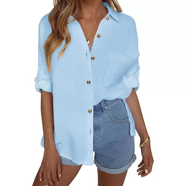 imageHOTOUCH Womens Cotton Button Down Shirt Casual Long Sleeve Loose Fit Collared Linen Work Blouse Tops with PocketLight Blue