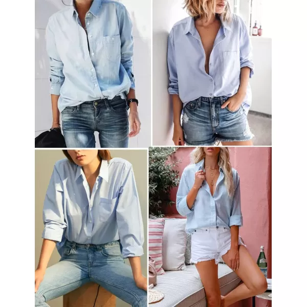 imageHOTOUCH Womens Cotton Button Down Shirt Casual Long Sleeve Loose Fit Collared Linen Work Blouse Tops with PocketLight Blue