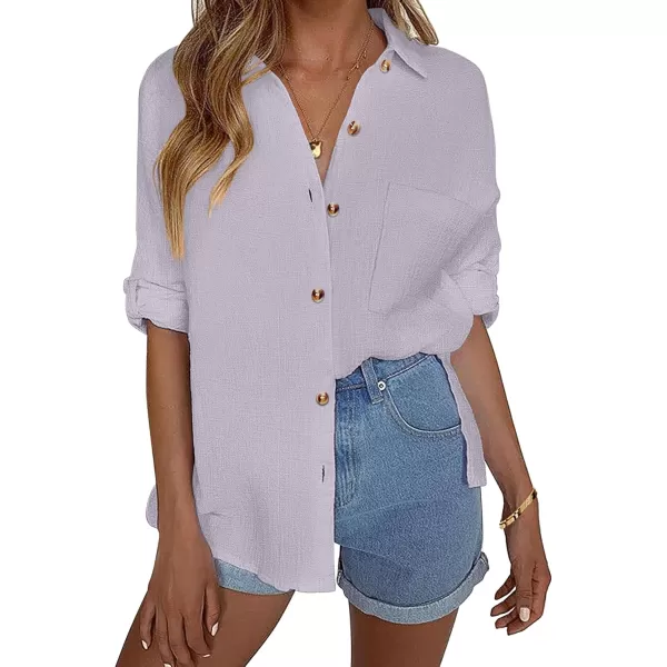 imageHOTOUCH Womens Cotton Button Down Shirt Casual Long Sleeve Loose Fit Collared Linen Work Blouse Tops with PocketLight Purple