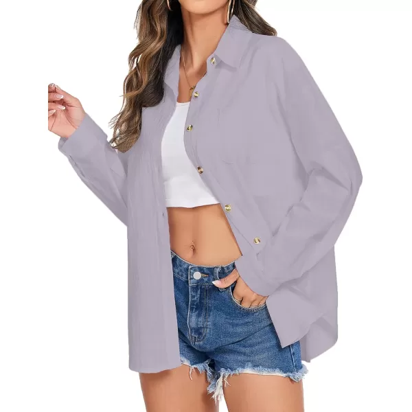 imageHOTOUCH Womens Cotton Button Down Shirt Casual Long Sleeve Loose Fit Collared Linen Work Blouse Tops with PocketLight Purple