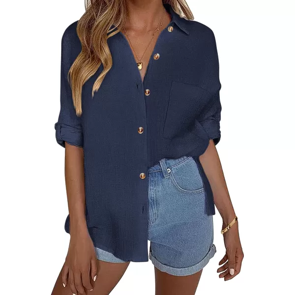 imageHOTOUCH Womens Cotton Button Down Shirt Casual Long Sleeve Loose Fit Collared Linen Work Blouse Tops with PocketNavy