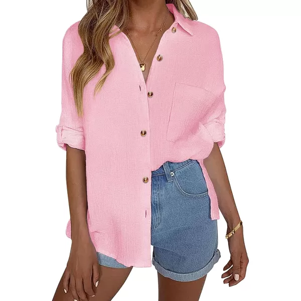 imageHOTOUCH Womens Cotton Button Down Shirt Casual Long Sleeve Loose Fit Collared Linen Work Blouse Tops with PocketPink