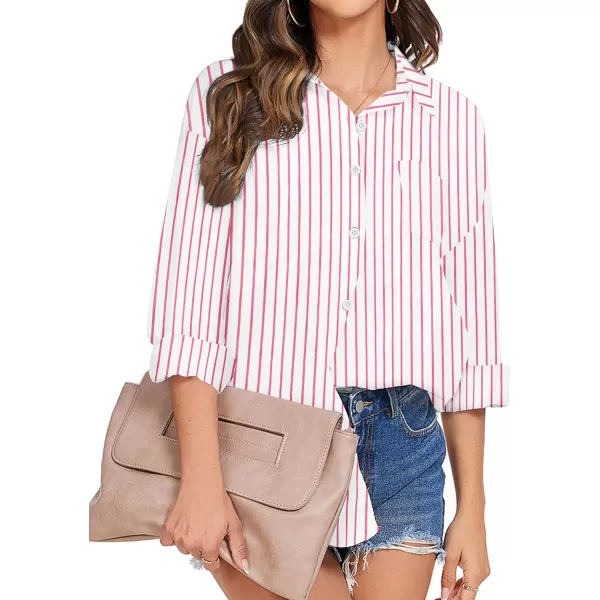 imageHOTOUCH Womens Cotton Button Down Shirt Casual Long Sleeve Loose Fit Collared Linen Work Blouse Tops with PocketPink Stripe