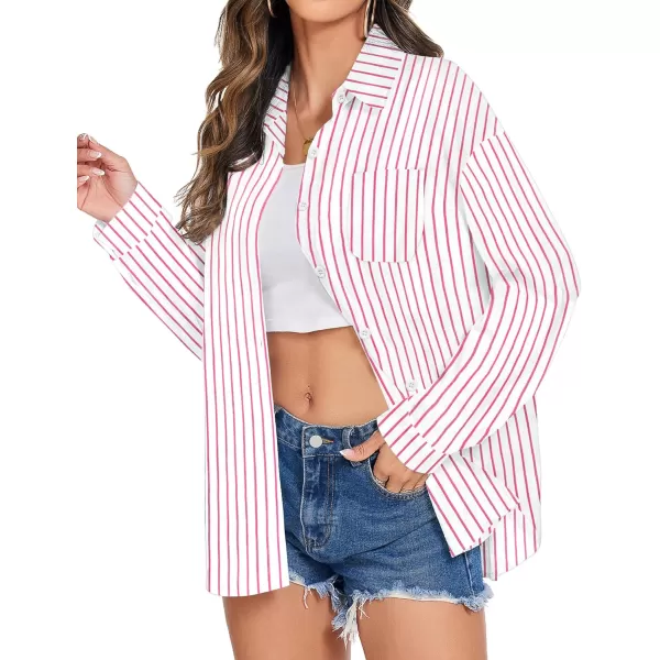 imageHOTOUCH Womens Cotton Button Down Shirt Casual Long Sleeve Loose Fit Collared Linen Work Blouse Tops with PocketPink Stripe