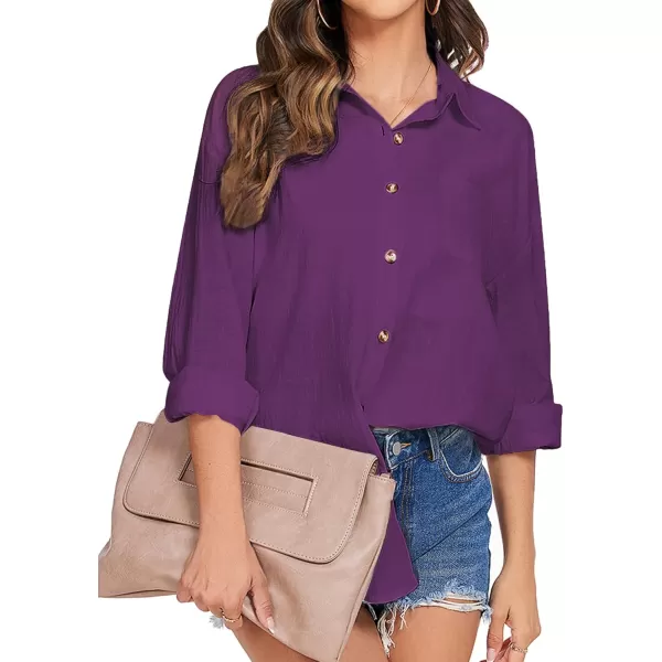 imageHOTOUCH Womens Cotton Button Down Shirt Casual Long Sleeve Loose Fit Collared Linen Work Blouse Tops with PocketPurple