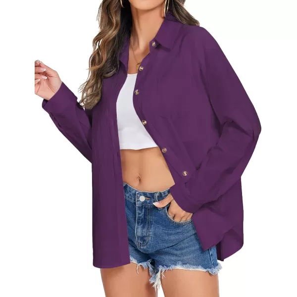 imageHOTOUCH Womens Cotton Button Down Shirt Casual Long Sleeve Loose Fit Collared Linen Work Blouse Tops with PocketPurple