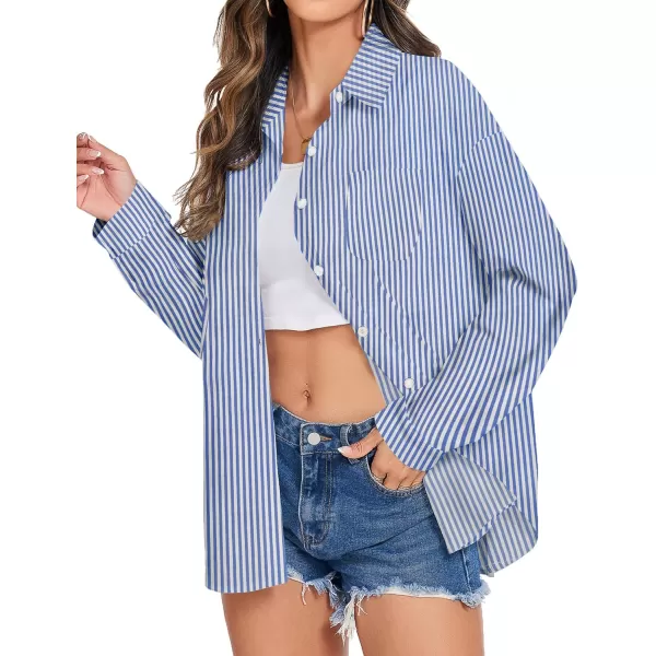 imageHOTOUCH Womens Cotton Button Down Shirt Casual Long Sleeve Loose Fit Collared Linen Work Blouse Tops with PocketStripe Blue 2024