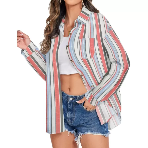 imageHOTOUCH Womens Cotton Button Down Shirt Casual Long Sleeve Loose Fit Collared Linen Work Blouse Tops with PocketStripe Pinkblue