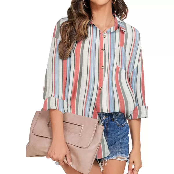 imageHOTOUCH Womens Cotton Button Down Shirt Casual Long Sleeve Loose Fit Collared Linen Work Blouse Tops with PocketStripe Pinkblue