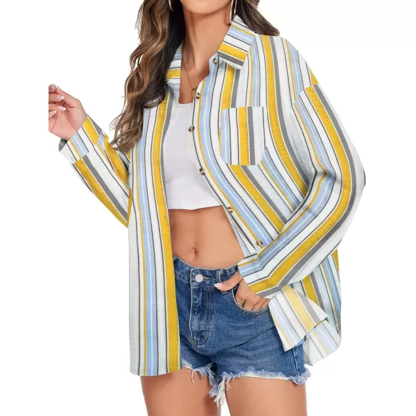 imageHOTOUCH Womens Cotton Button Down Shirt Casual Long Sleeve Loose Fit Collared Linen Work Blouse Tops with PocketStripe Yellowblue