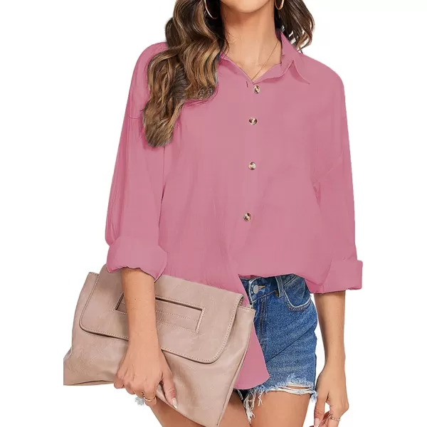 imageHOTOUCH Womens Cotton Button Down Shirt Casual Long Sleeve Loose Fit Collared Linen Work Blouse Tops with PocketWatermelon Pink