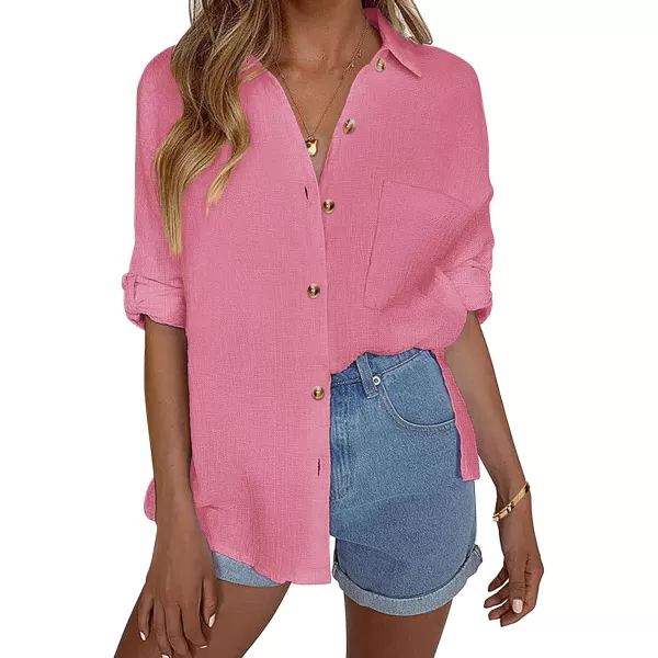 imageHOTOUCH Womens Cotton Button Down Shirt Casual Long Sleeve Loose Fit Collared Linen Work Blouse Tops with PocketWatermelon Pink