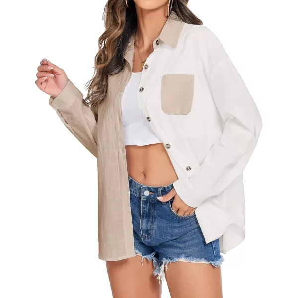 imageHOTOUCH Womens Cotton Button Down Shirt Casual Long Sleeve Loose Fit Collared Linen Work Blouse Tops with PocketWhitekhaki