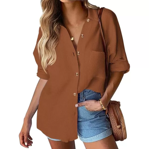 imageHOTOUCH Womens Cotton Button Down Shirt Casual Long Sleeve Loose Fit Collared Linen Work Blouse Tops with PocketBrown