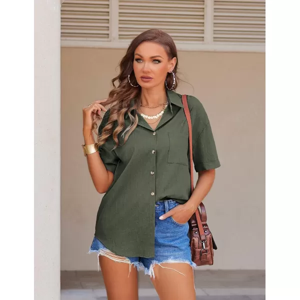 imageHOTOUCH Linen Shirts for Women Cotton Button Down Shirt Short Sleeve Loose Fit Collared Casual Work Blouse Tops SXXLArmy Green