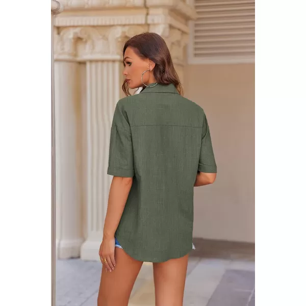 imageHOTOUCH Linen Shirts for Women Cotton Button Down Shirt Short Sleeve Loose Fit Collared Casual Work Blouse Tops SXXLArmy Green