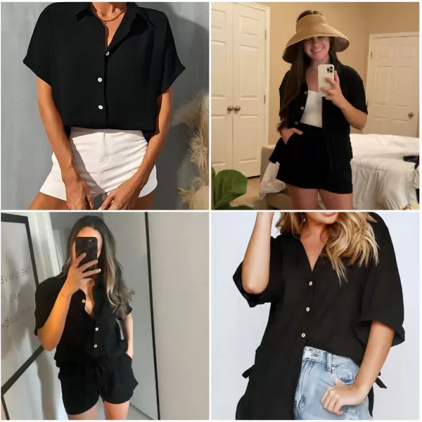 imageHOTOUCH Linen Shirts for Women Cotton Button Down Shirt Short Sleeve Loose Fit Collared Casual Work Blouse Tops SXXLBlack