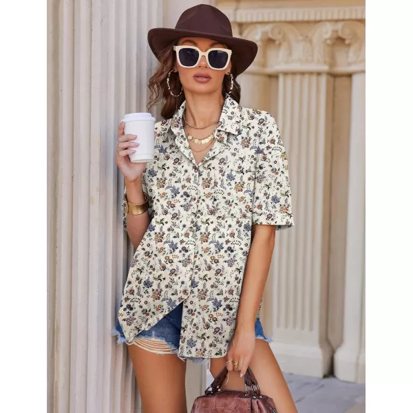 imageHOTOUCH Linen Shirts for Women Cotton Button Down Shirt Short Sleeve Loose Fit Collared Casual Work Blouse Tops SXXLFloral Cream