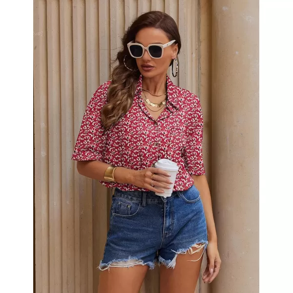 imageHOTOUCH Linen Shirts for Women Cotton Button Down Shirt Short Sleeve Loose Fit Collared Casual Work Blouse Tops SXXLFloral Red