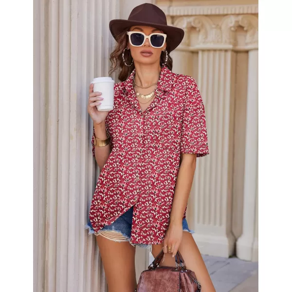 imageHOTOUCH Linen Shirts for Women Cotton Button Down Shirt Short Sleeve Loose Fit Collared Casual Work Blouse Tops SXXLFloral Red