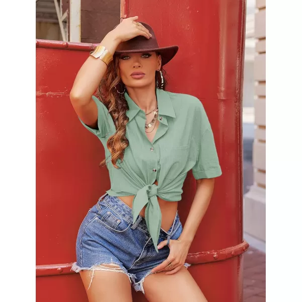 imageHOTOUCH Linen Shirts for Women Cotton Button Down Shirt Short Sleeve Loose Fit Collared Casual Work Blouse Tops SXXLGreen