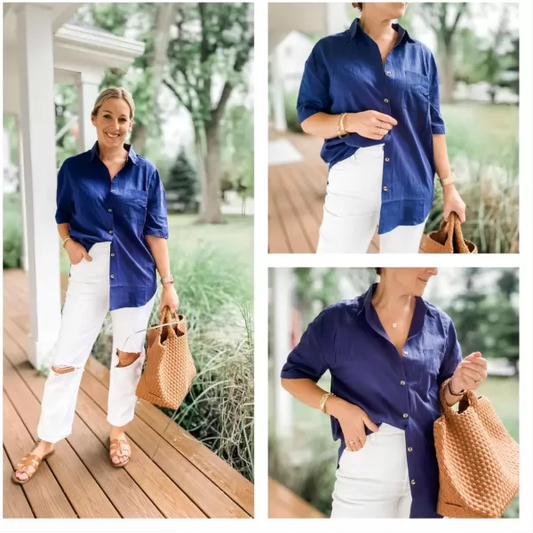 imageHOTOUCH Linen Shirts for Women Cotton Button Down Shirt Short Sleeve Loose Fit Collared Casual Work Blouse Tops SXXLNavy Blue