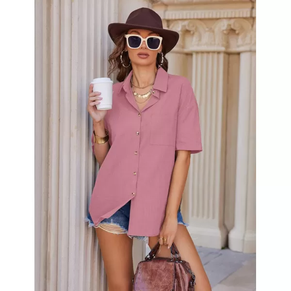 imageHOTOUCH Linen Shirts for Women Cotton Button Down Shirt Short Sleeve Loose Fit Collared Casual Work Blouse Tops SXXLWatermelon Pink