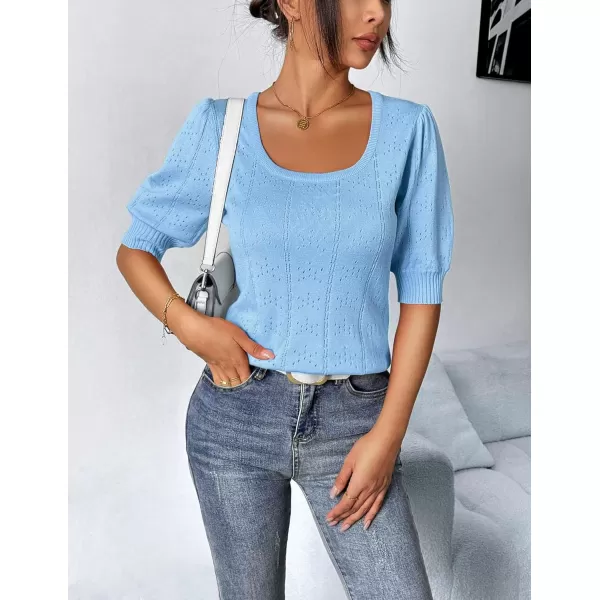 imageHOTOUCH Sweater for Women 2024 Fall Trendy Puff Tops Casual Eyelet Knit Square Neck Tunic Shirt Blouses SXXLBaby Blue