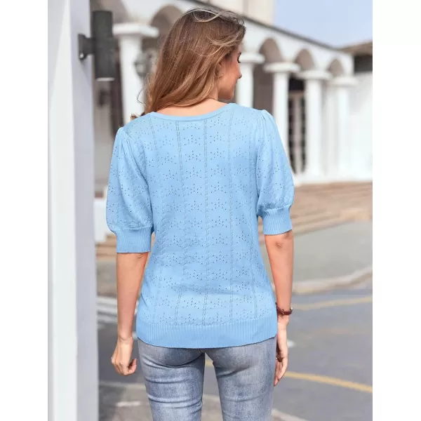 imageHOTOUCH Sweater for Women 2024 Fall Trendy Puff Tops Casual Eyelet Knit Square Neck Tunic Shirt Blouses SXXLBaby Blue