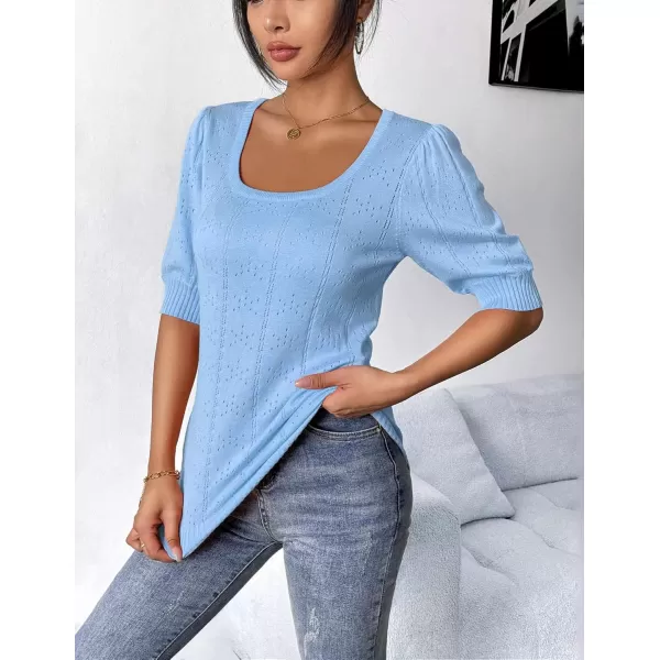 imageHOTOUCH Sweater for Women 2024 Fall Trendy Puff Tops Casual Eyelet Knit Square Neck Tunic Shirt Blouses SXXLBaby Blue