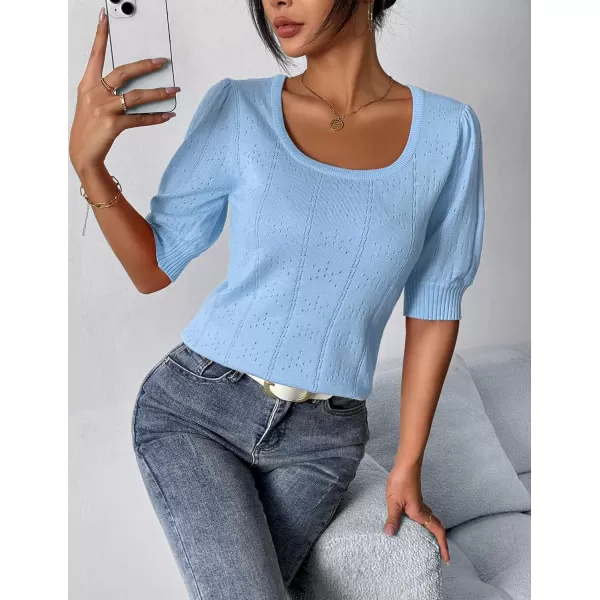 imageHOTOUCH Sweater for Women 2024 Fall Trendy Puff Tops Casual Eyelet Knit Square Neck Tunic Shirt Blouses SXXLBaby Blue