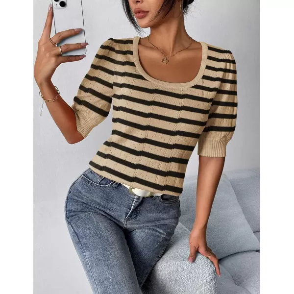 imageHOTOUCH Sweater for Women 2024 Fall Trendy Puff Tops Casual Eyelet Knit Square Neck Tunic Shirt Blouses SXXLBeige Black Stripe