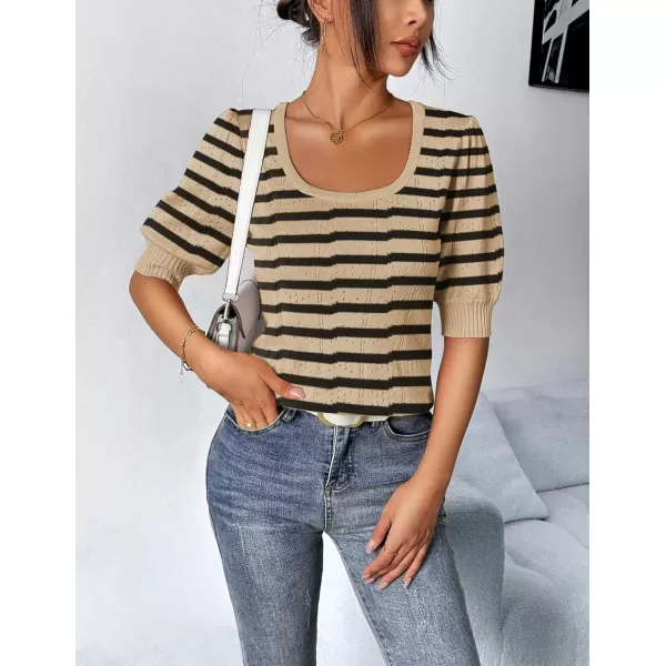 imageHOTOUCH Sweater for Women 2024 Fall Trendy Puff Tops Casual Eyelet Knit Square Neck Tunic Shirt Blouses SXXLBeige Black Stripe