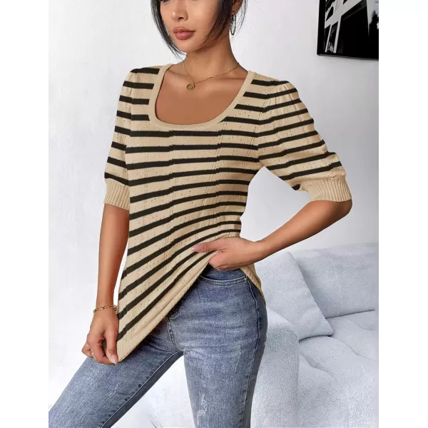 imageHOTOUCH Sweater for Women 2024 Fall Trendy Puff Tops Casual Eyelet Knit Square Neck Tunic Shirt Blouses SXXLBeige Black Stripe