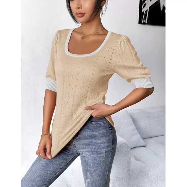 imageHOTOUCH Sweater for Women 2024 Fall Trendy Puff Tops Casual Eyelet Knit Square Neck Tunic Shirt Blouses SXXLBeige White Colorblock